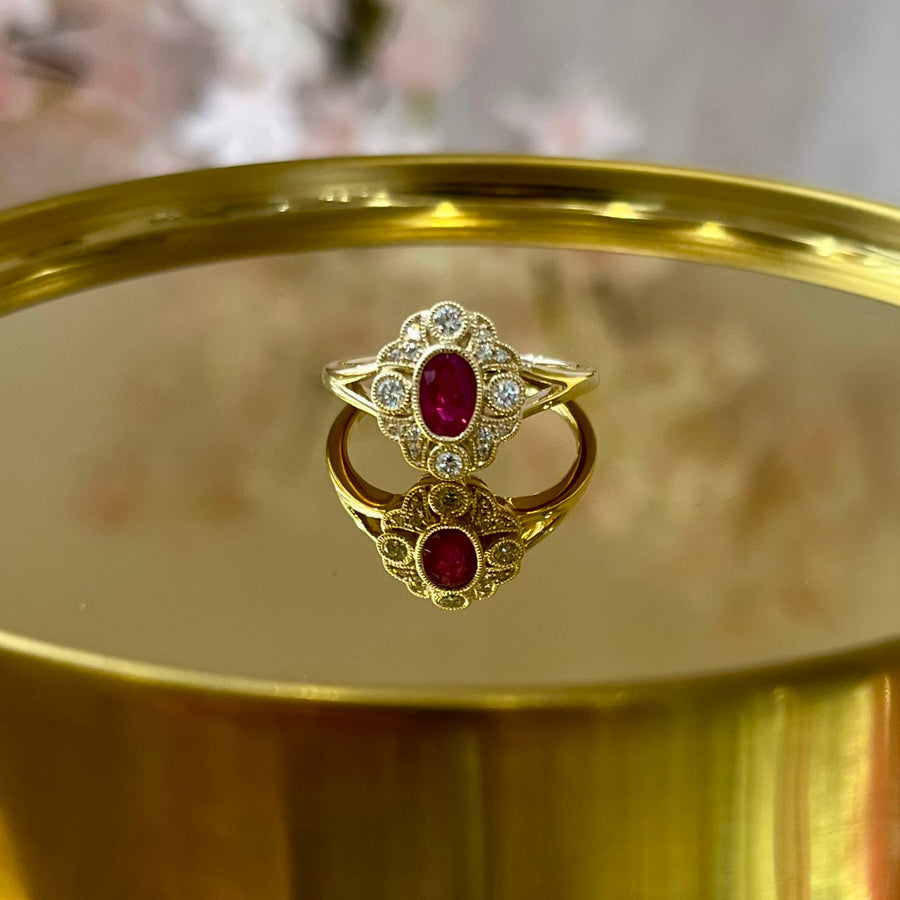 Vintage Inspired Ruby and Diamond Halo Ring in 9ct Yellow Gold