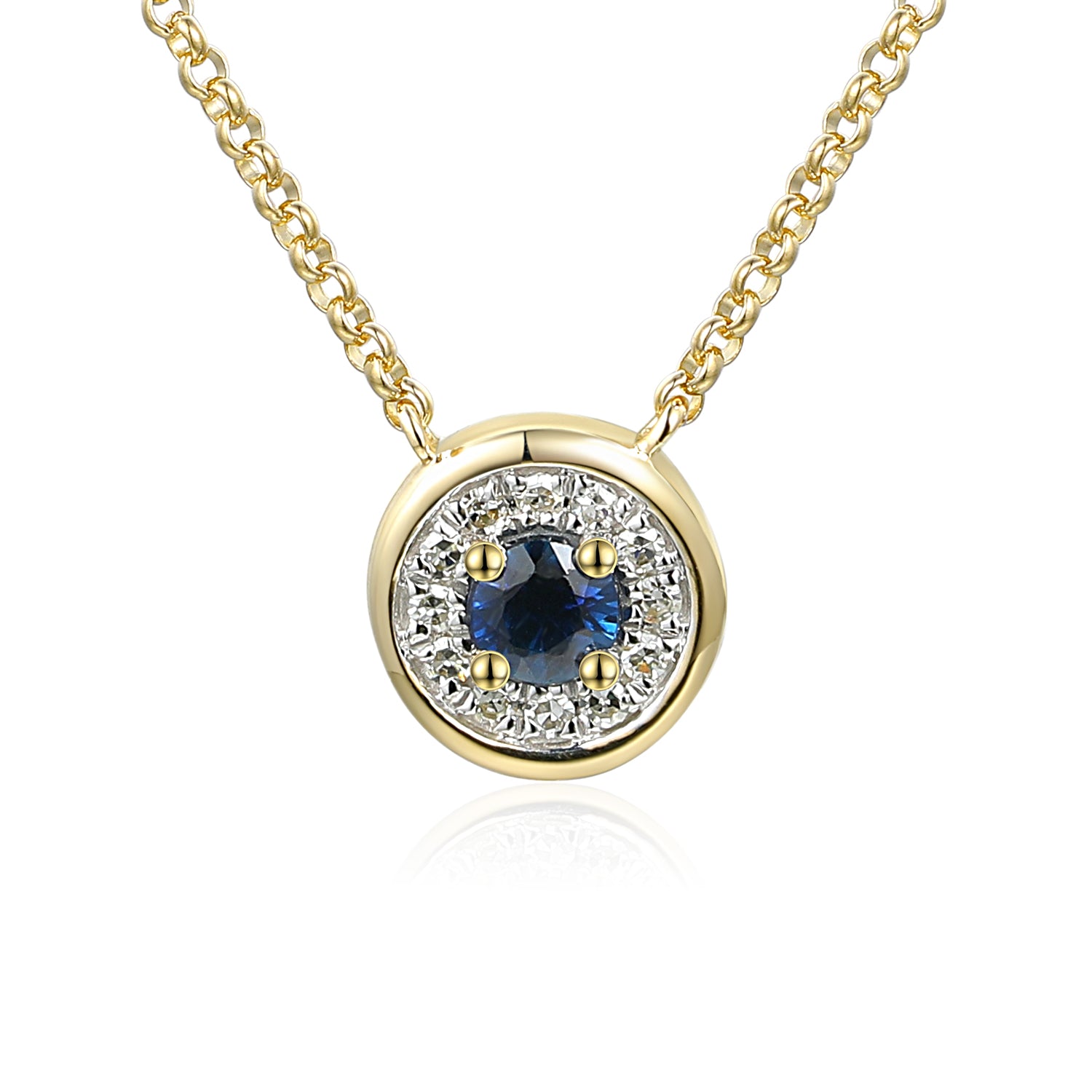 Sapphire & Diamond Halo Pendant Necklace in Yellow Gold