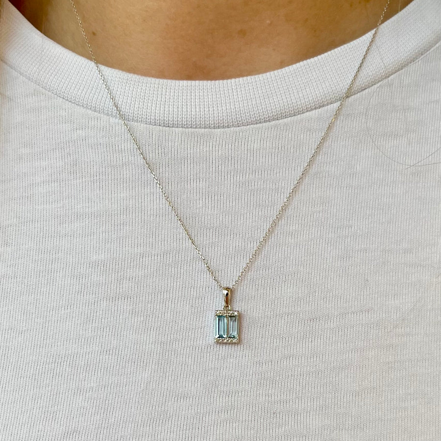 Emerald Cut Blue Topaz and Diamond Pendant in 9ct White Gold