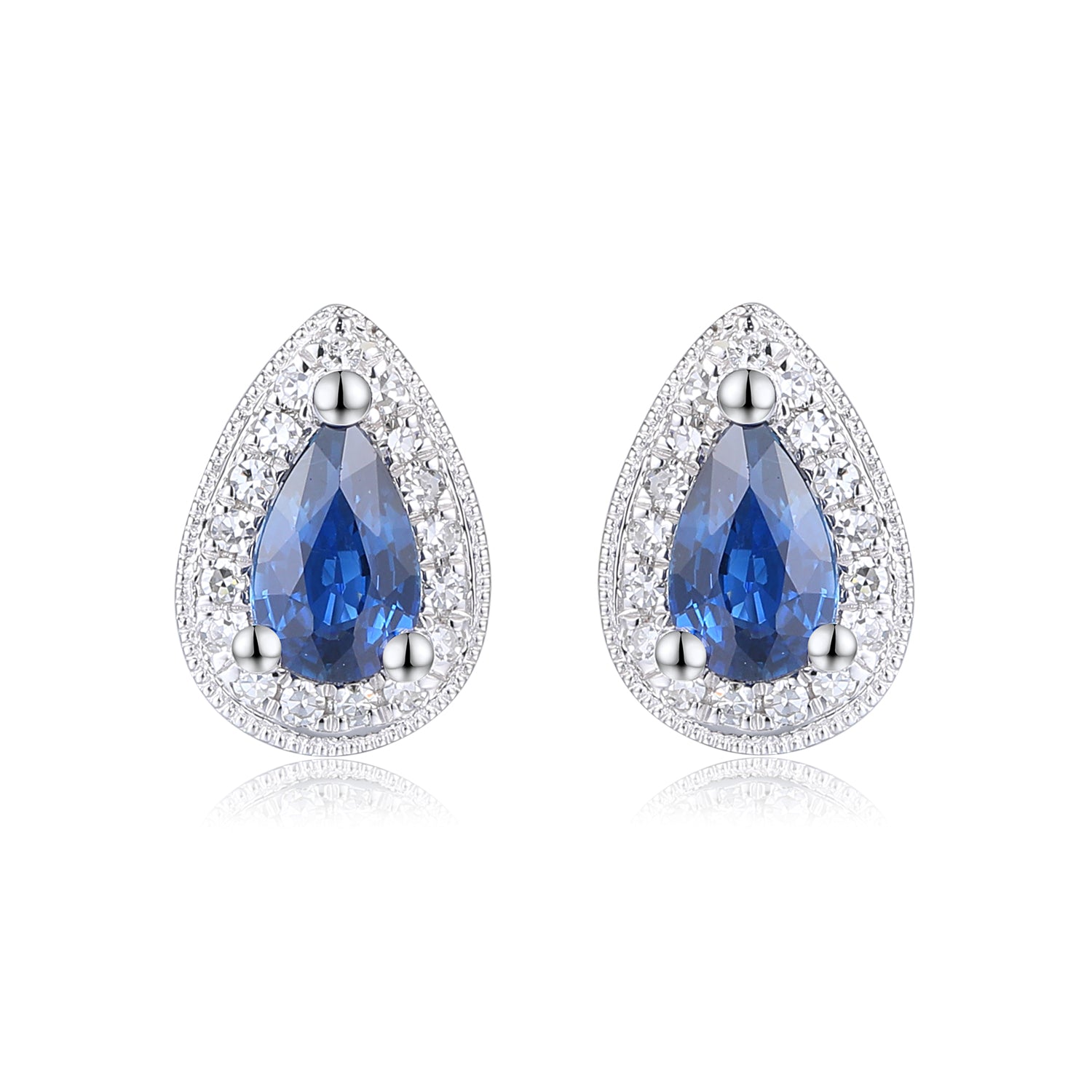 Pear Shaped Sapphire and Diamond Halo Earrings in 9ct White Gold
