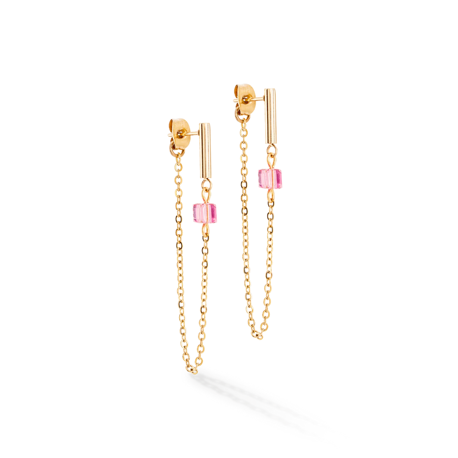 Earrings Mini Cubes & Chain Gold-Pink