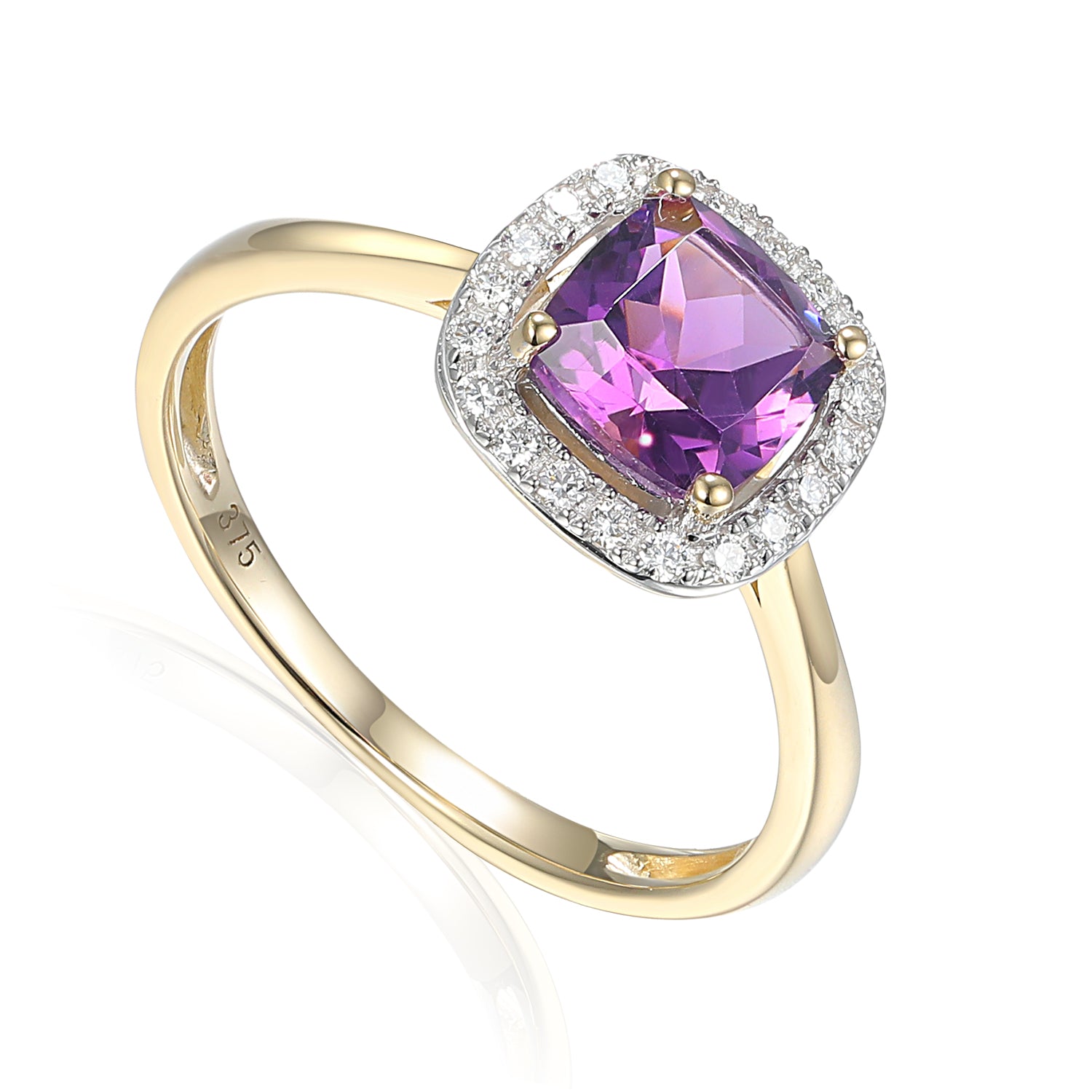 Aine Cushion Cut Amethyst Halo Ring in 9ct Yellow Gold