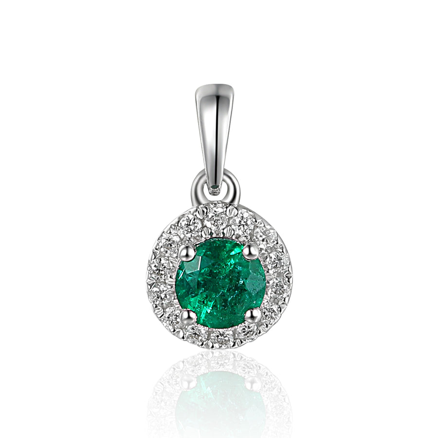 Round Emerald and Diamond Halo Pendant in 9ct White Gold