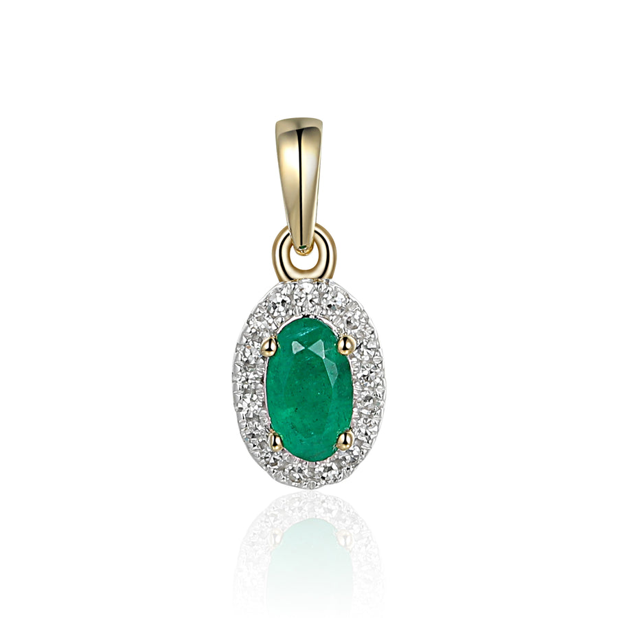 Oval Emerald and Diamond Halo Pendant in 9ct Yellow Gold