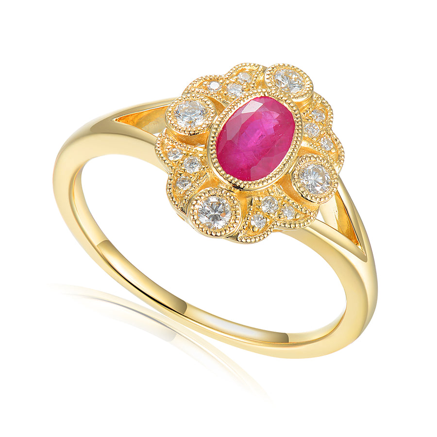 Vintage Inspired Ruby and Diamond Halo Ring in 9ct Yellow Gold