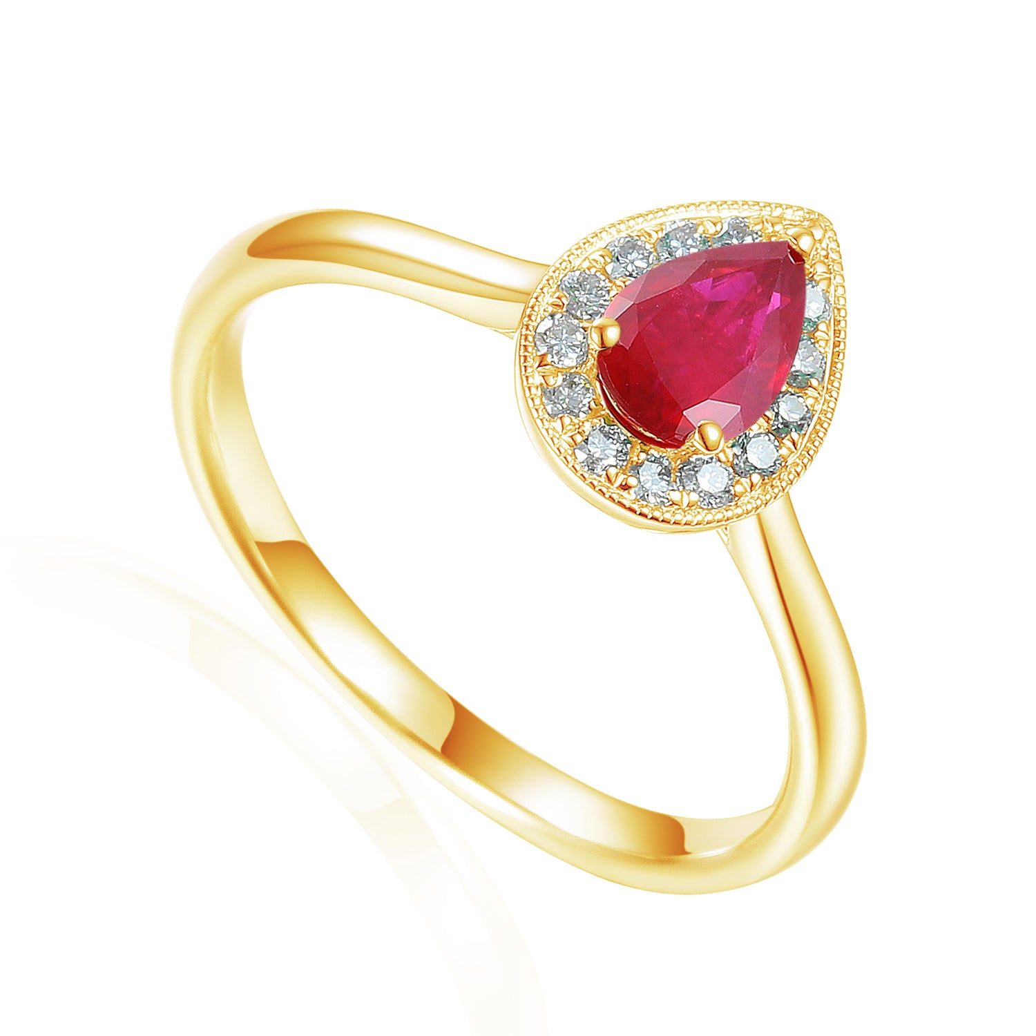 Pear Ruby & Diamond Halo Ring in 9ct Yellow Gold