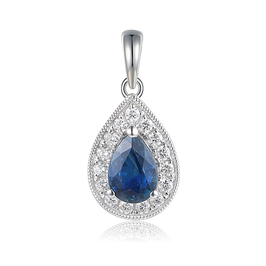 Pear Shaped Sapphire and Diamond Halo Pendant in 9ct White Gold