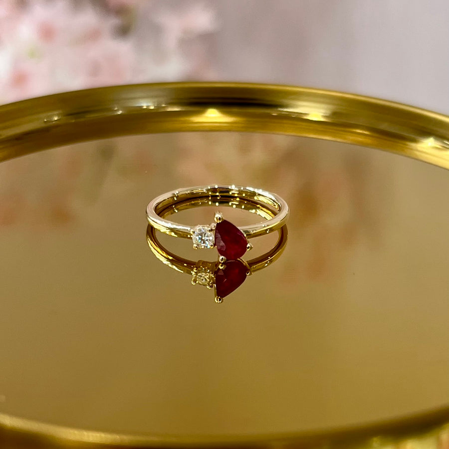 Pear Ruby & Diamond Duo Ring in Yellow Gold