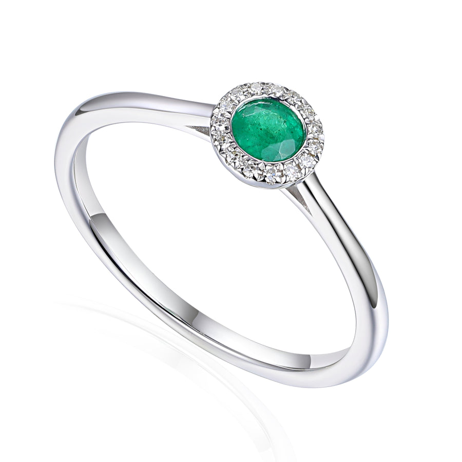 Modern Emerald and Diamond Halo Ring