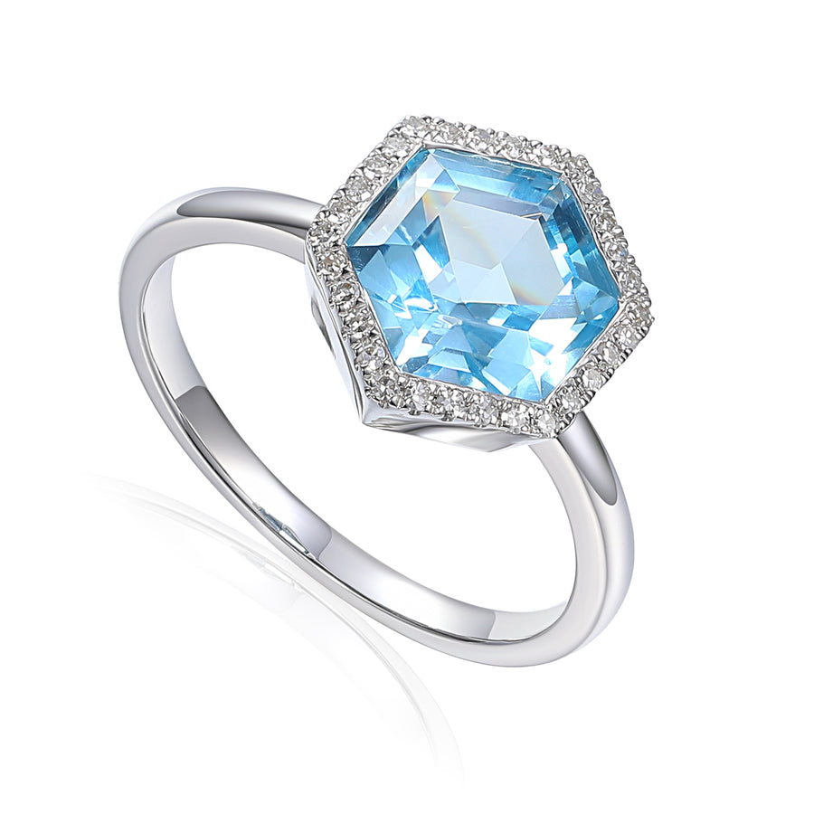 Hexagon Blue Topaz & Diamond Halo Ring in 9ct White Gold