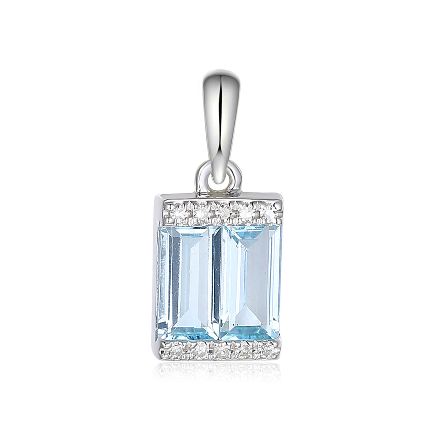Emerald Cut Blue Topaz and Diamond Pendant in 9ct White Gold