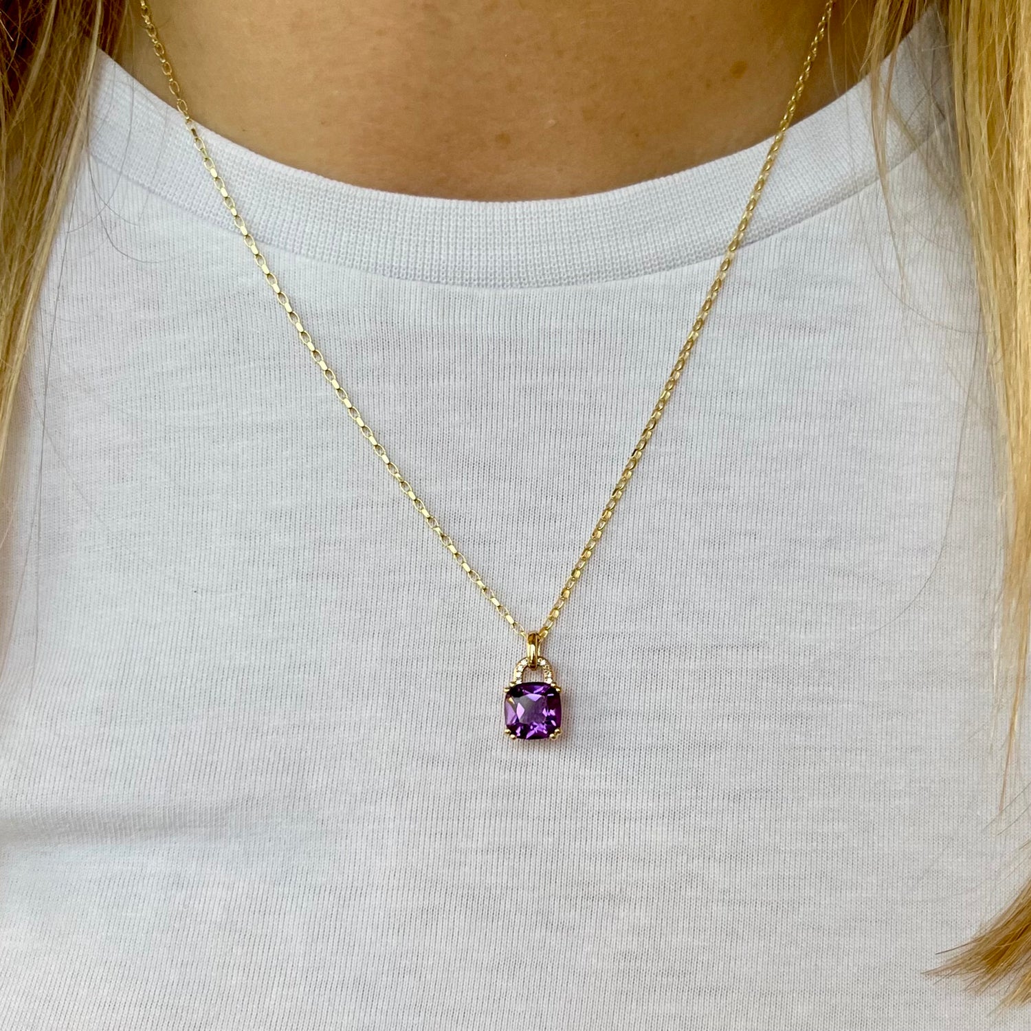 Cushion Cut Amethyst and Diamond Pendant in 9ct Yellow Gold