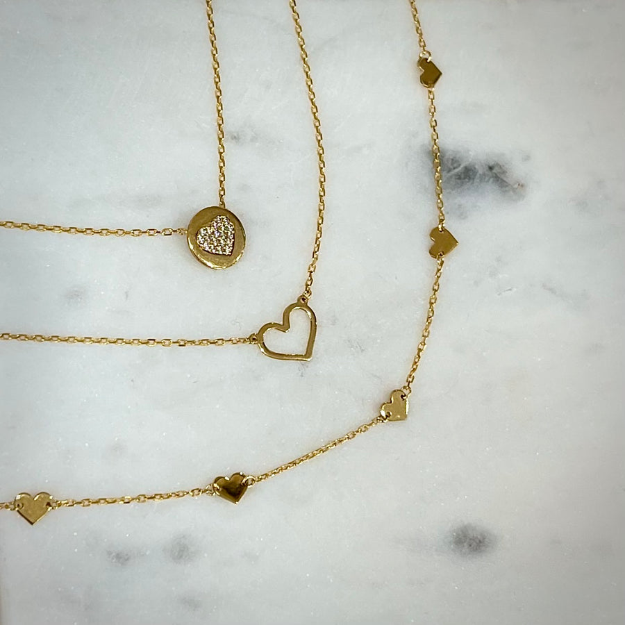 9ct Gold Disc with Pave Heart Necklace