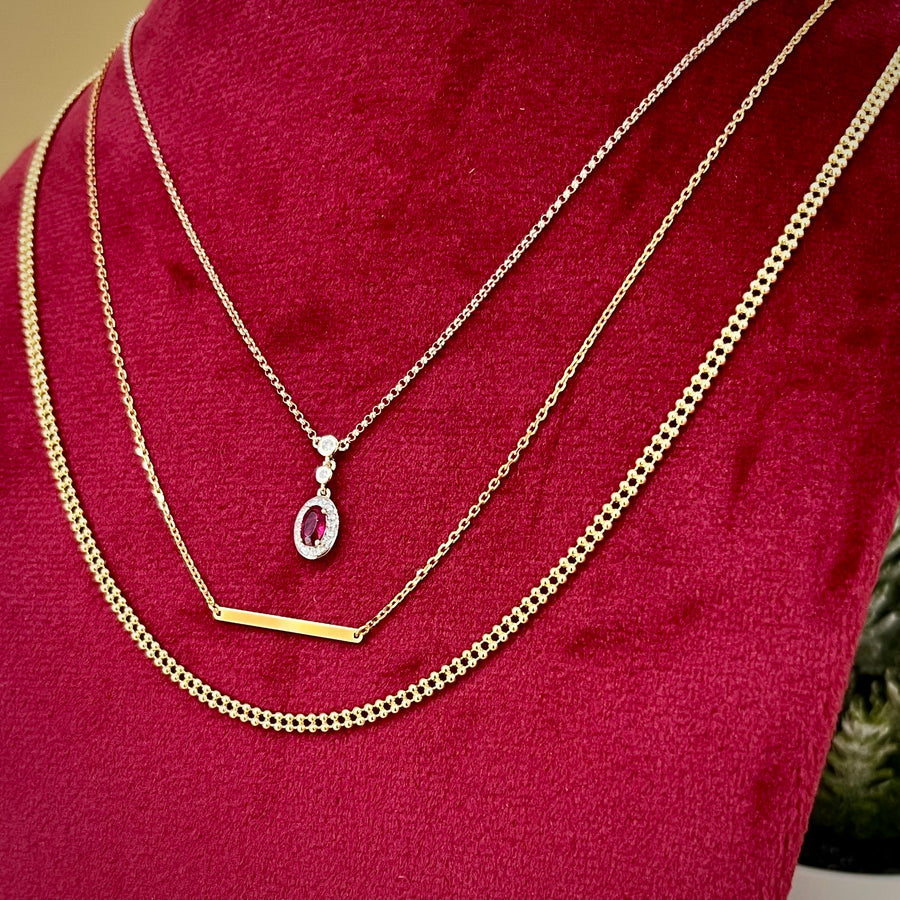 Oval Ruby and Diamond Drop Necklace in 9ct Yellow Gold