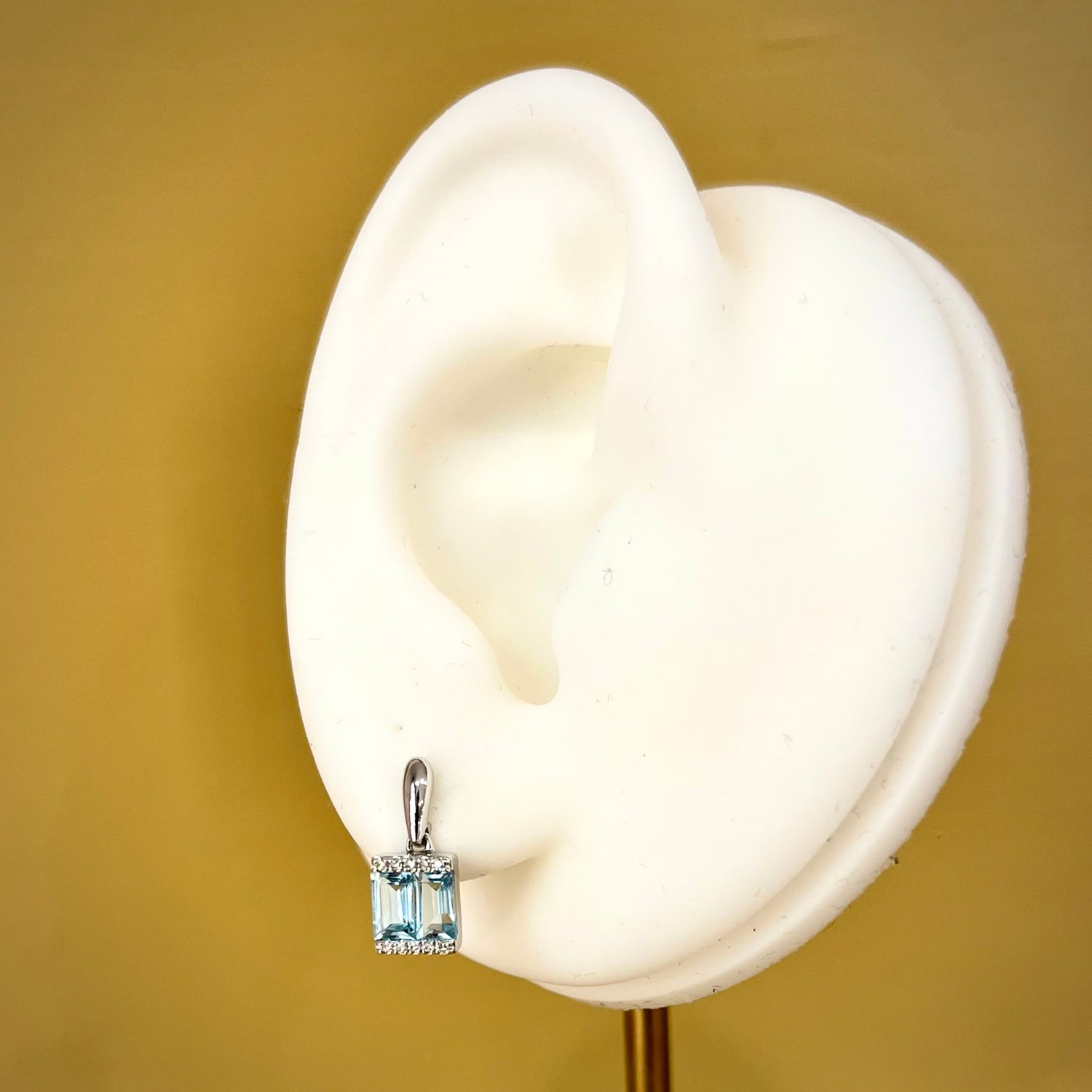 Emerald Cut Blue Topaz and Diamond Earrings in 9ct White Gold