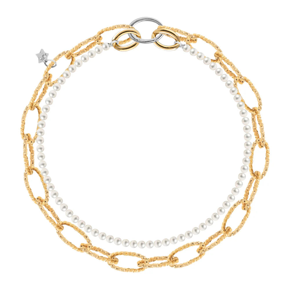 Double Strand Pearl and Diamond Mesh Chain Necklace
