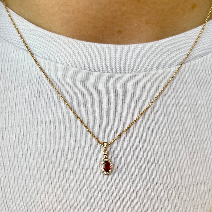 Oval Ruby and Diamond Drop Necklace in 9ct Yellow Gold