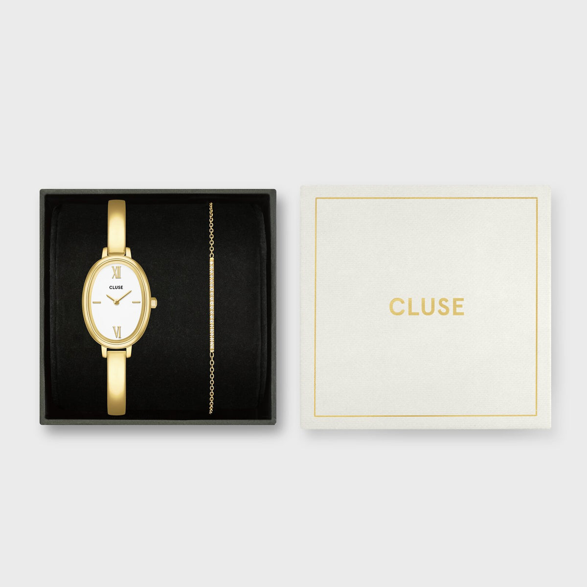 Gift Box L'Ovale Watch Steel, White & Flat Zirconia Chain Bracelet, Gold Colour