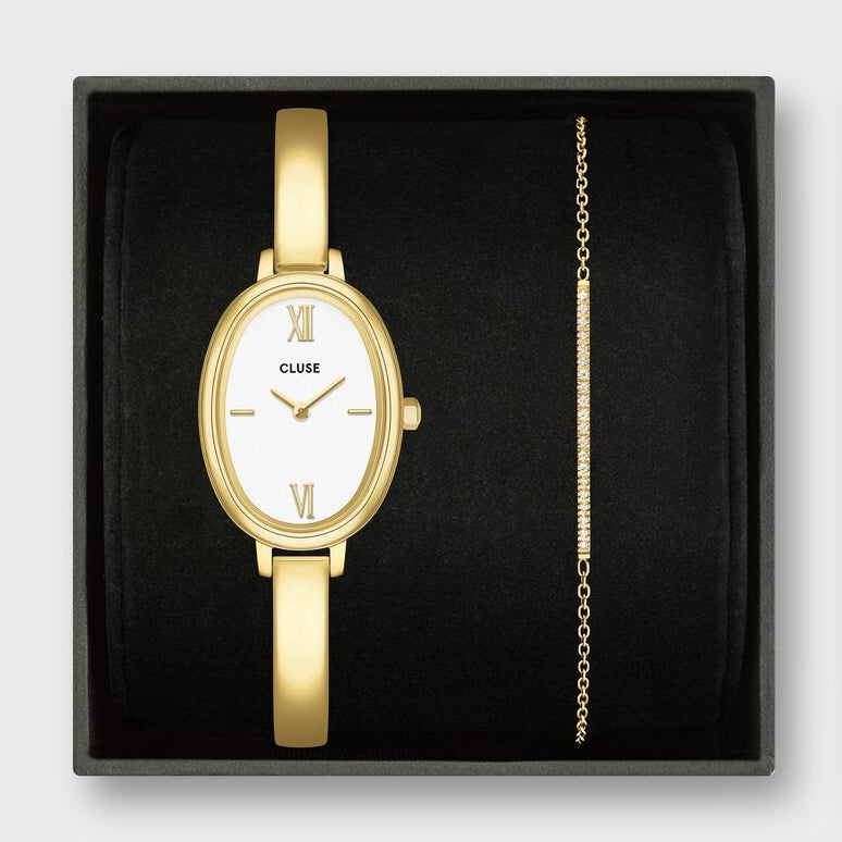 Gift Box L'Ovale Watch Steel, White & Flat Zirconia Chain Bracelet, Gold Colour