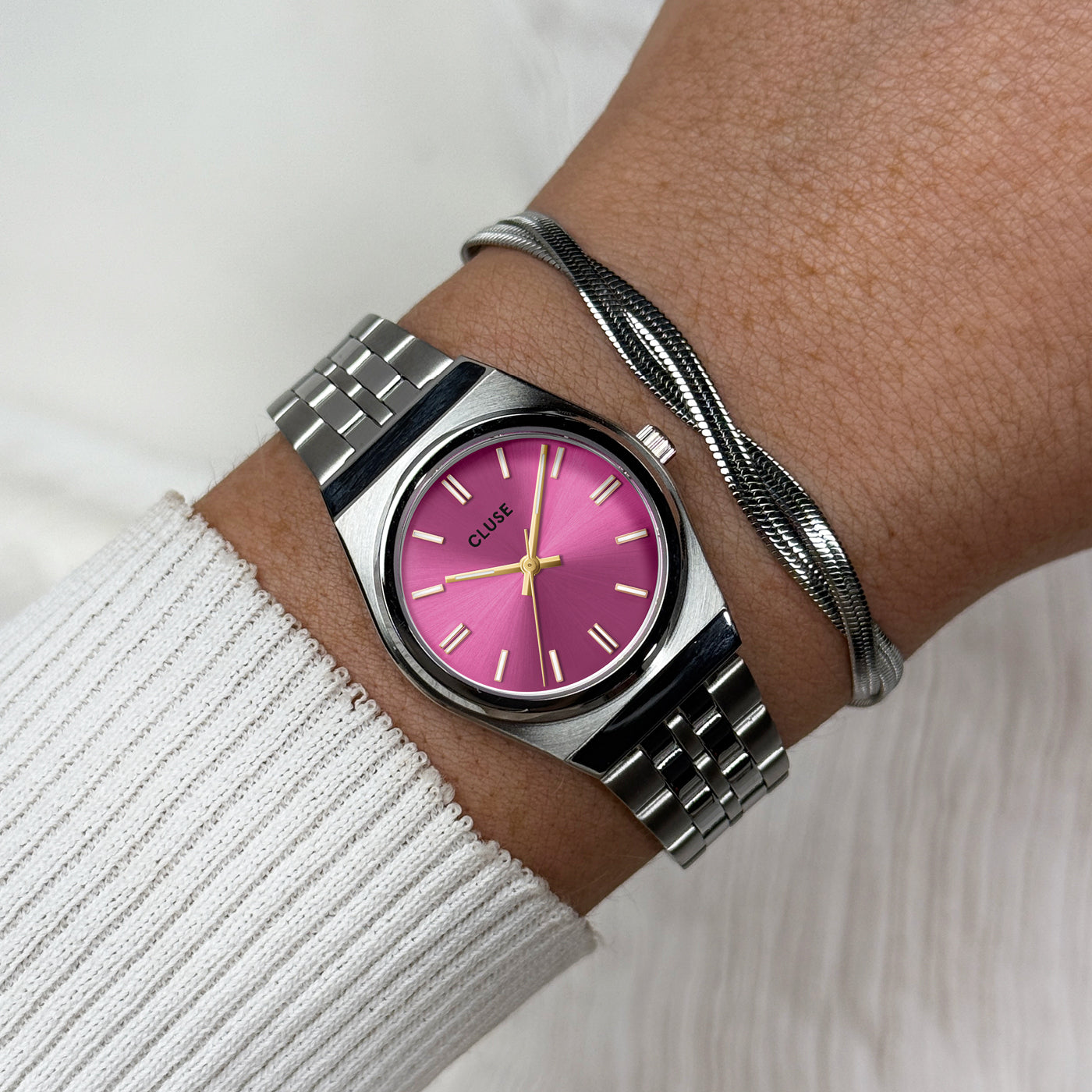 Cluse Retro 70s Mini Watch Steel, Fuchsia, Silver