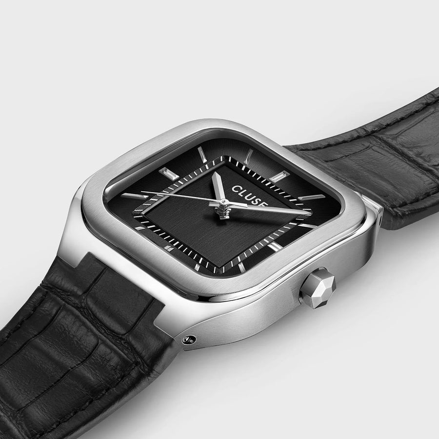 Cluse Quadrus Leather, Black, Silver Colour