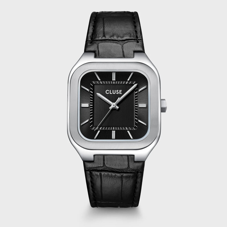 Cluse Quadrus Leather, Black, Silver Colour