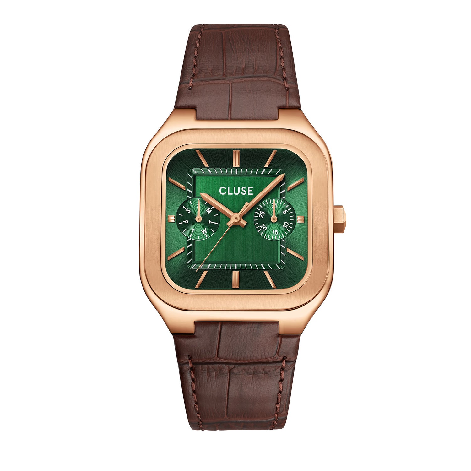 Cluse Quadrus Multifunction Leather, Green, Rose Gold