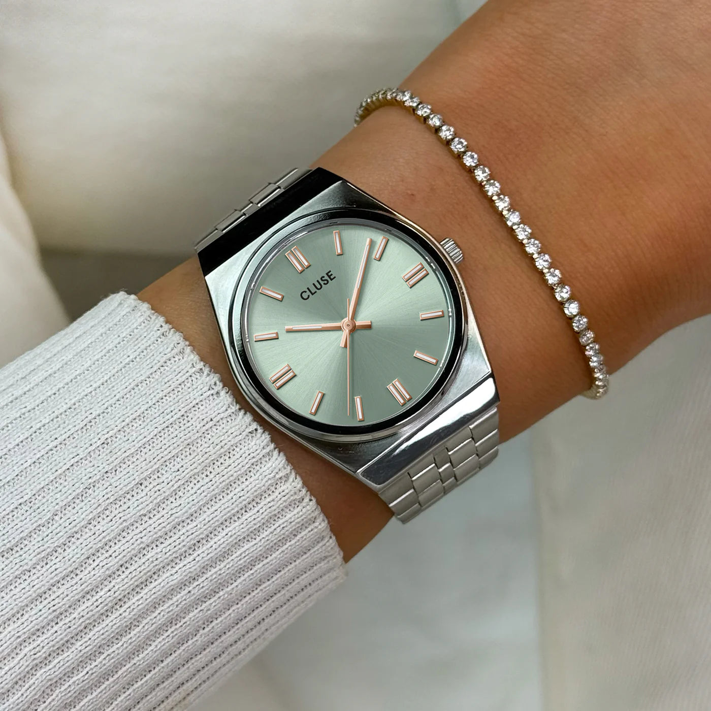 Retro 70s Watch Steel, Sage Green, Silver Colour