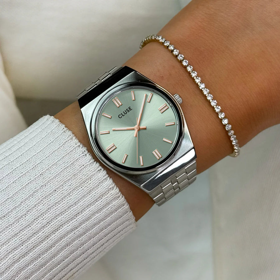 Cluse Retro 70s Watch Steel, Sage Green, Silver Colour