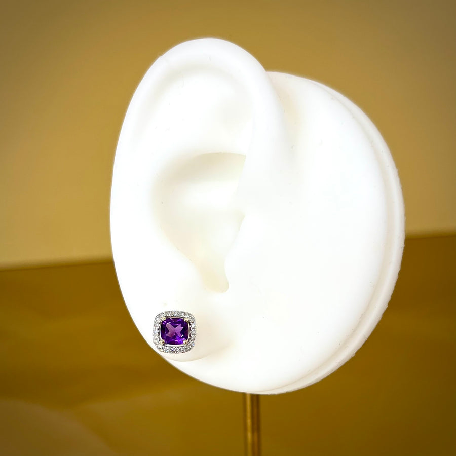 Cushion Cut Amethyst and Diamond Halo Earrings in 9ct Gold
