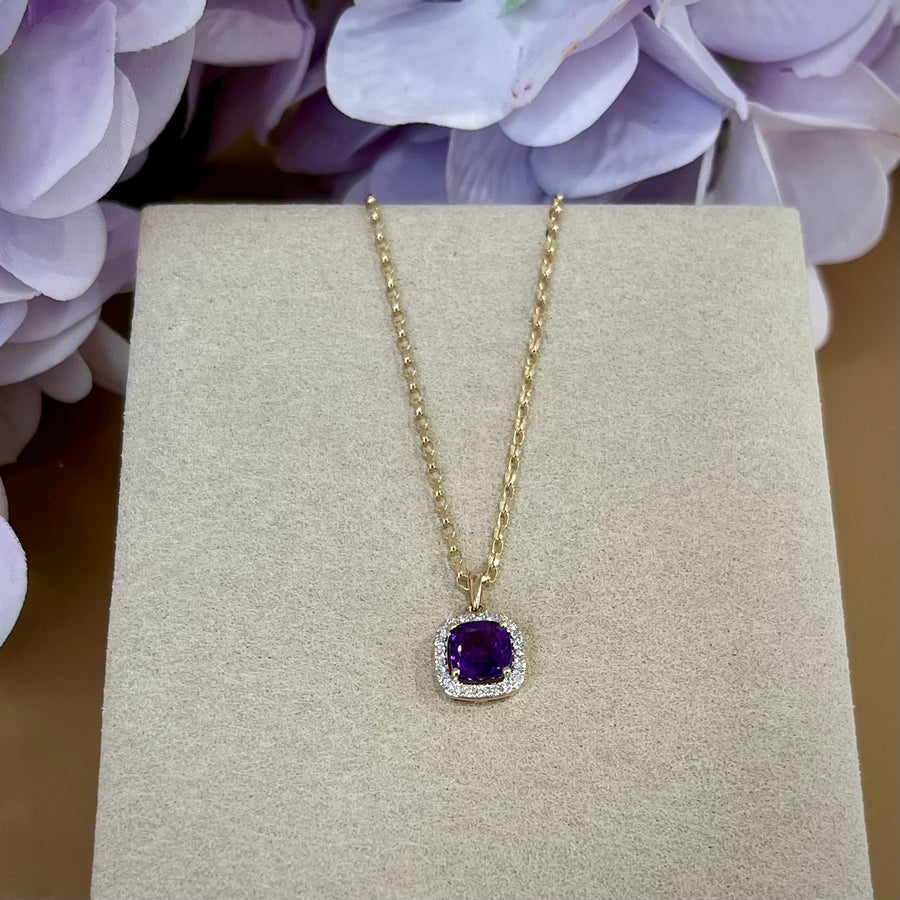 Cushion Cut Amethyst and Diamond Halo Pendant in 9ct Yellow Gold