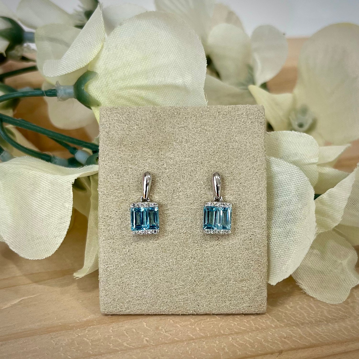 Emerald Cut Blue Topaz and Diamond Earrings in 9ct White Gold