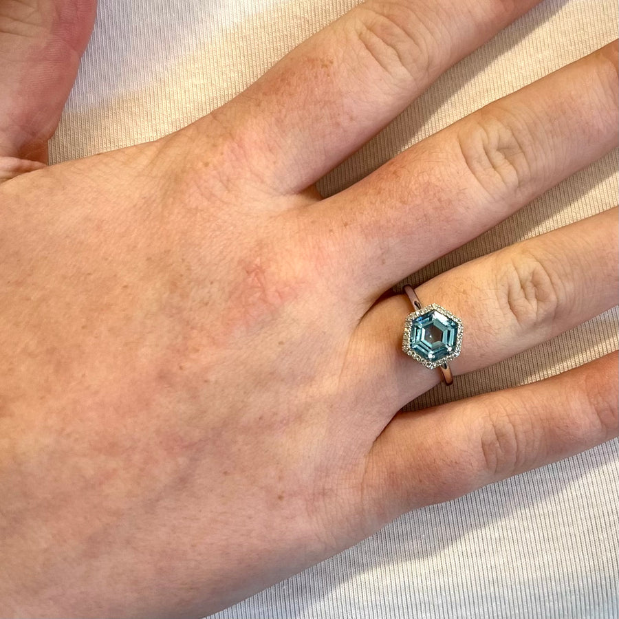 Hexagon Blue Topaz & Diamond Halo Ring in 9ct White Gold