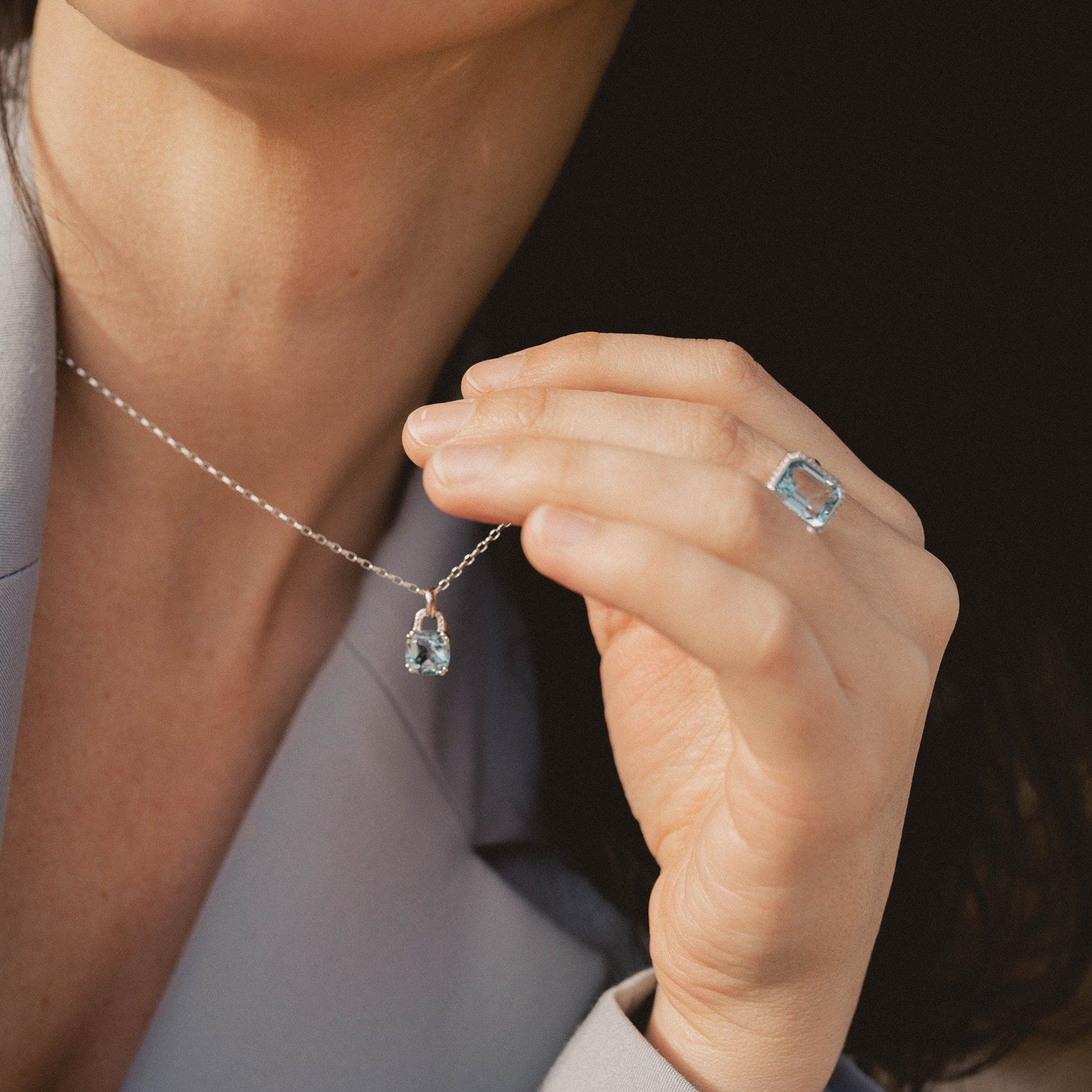 Cushion Cut Blue Topaz and Diamond Pendant in 9ct White Gold