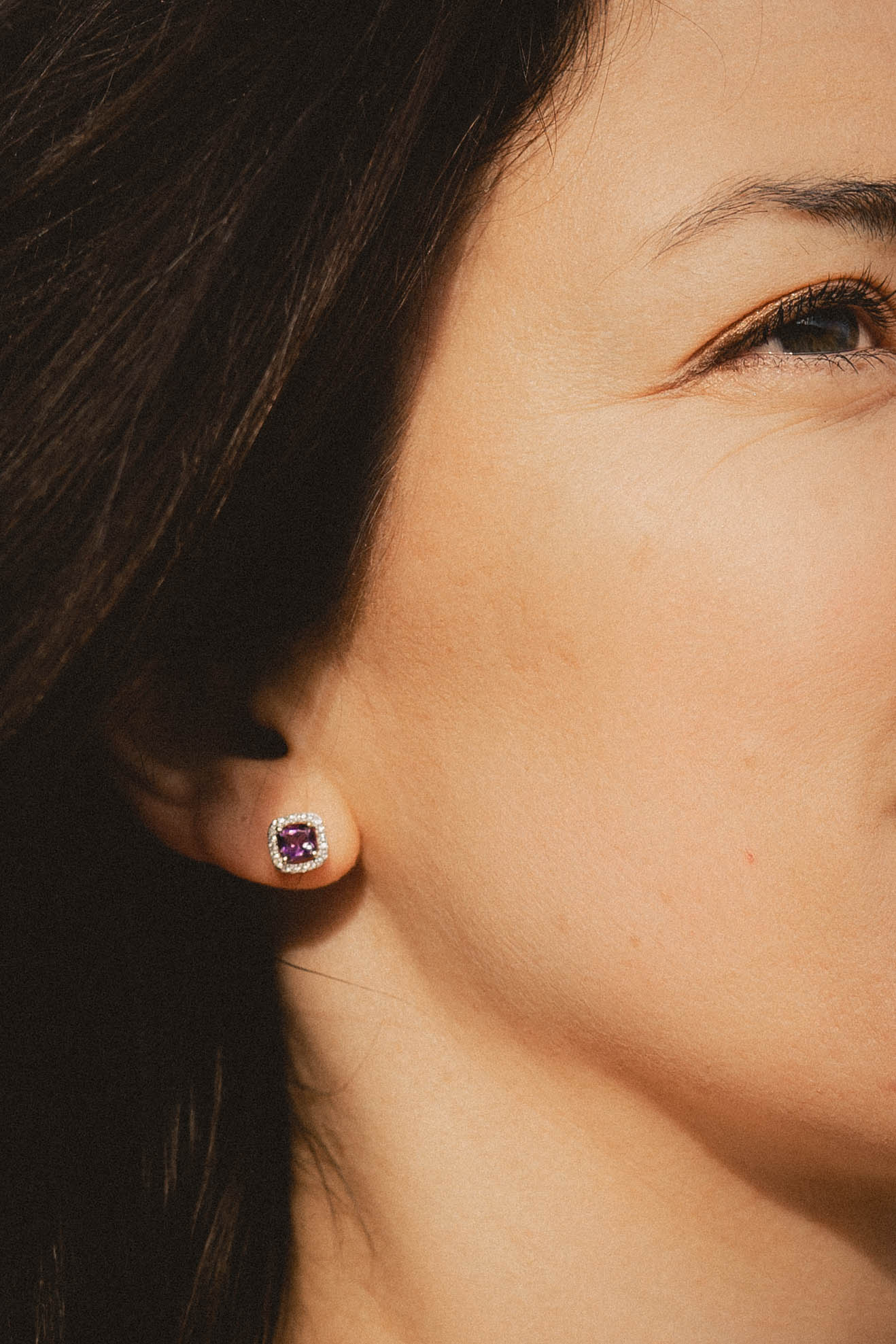 Cushion Cut Amethyst and Diamond Halo Earrings in 9ct Gold