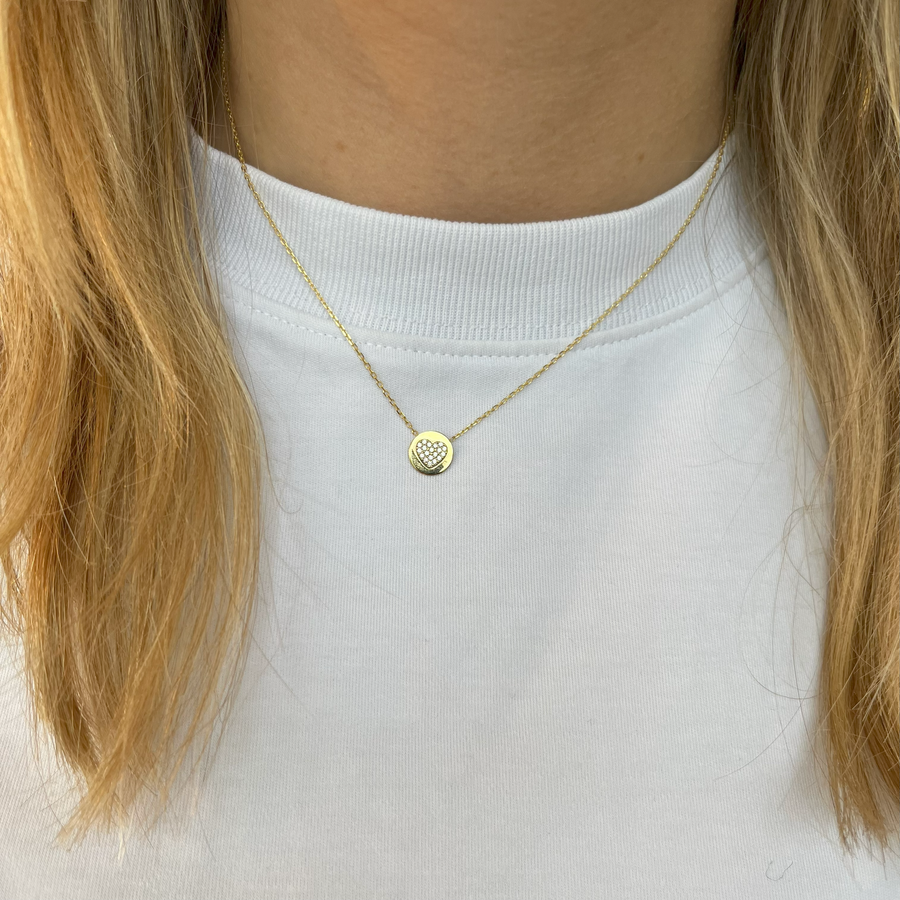 9ct Gold Disc with Pave Heart Necklace