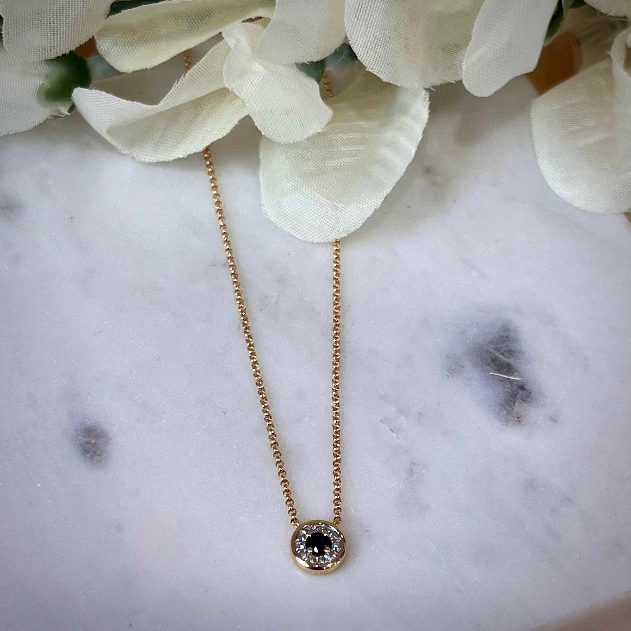 Sapphire & Diamond Halo Pendant Necklace in Yellow Gold