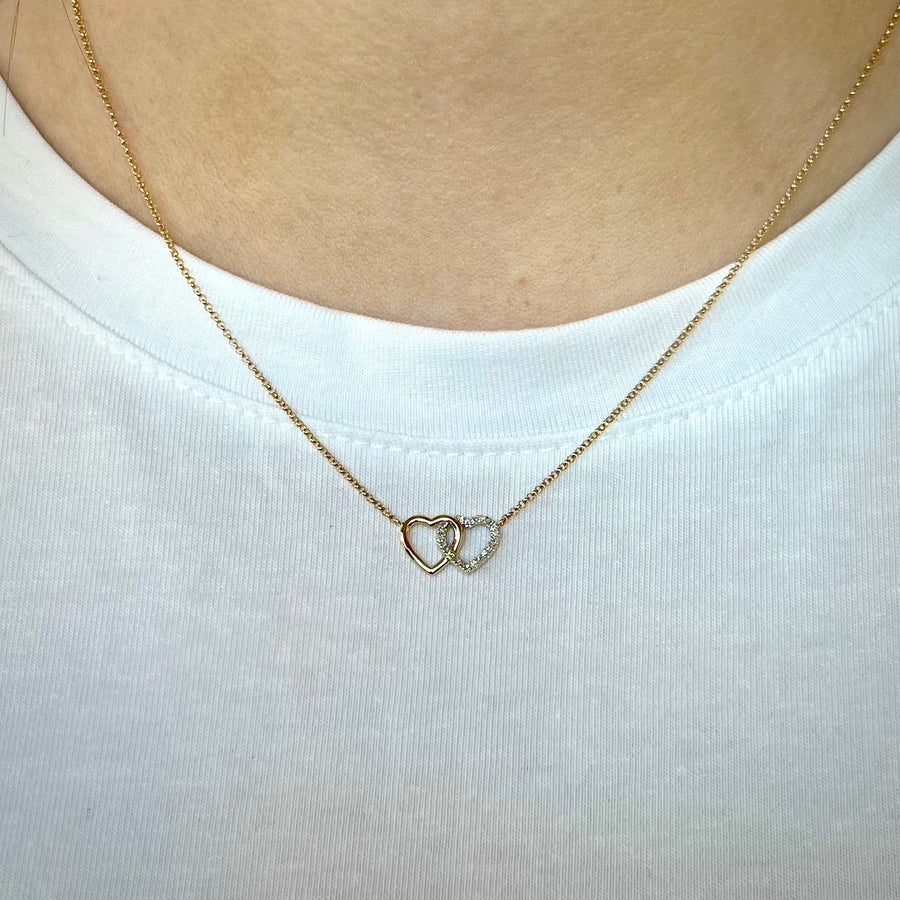 Interlocking Double Heart Diamond Necklace in 9ct Yellow Gold