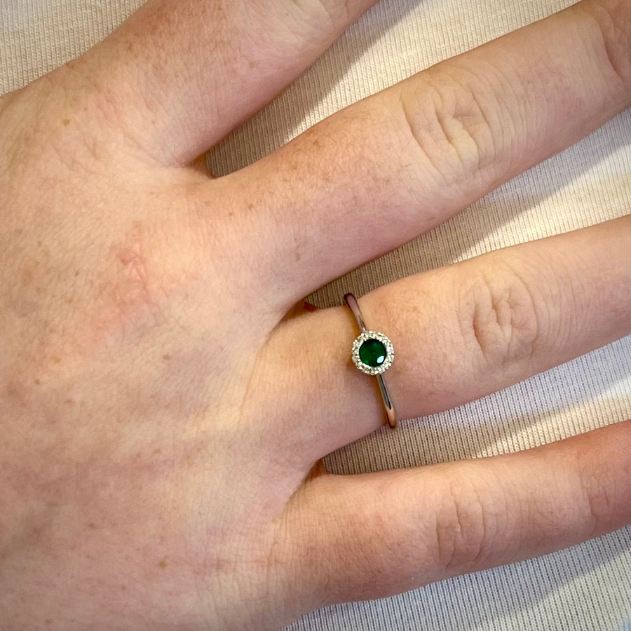 Modern Emerald and Diamond Halo Ring