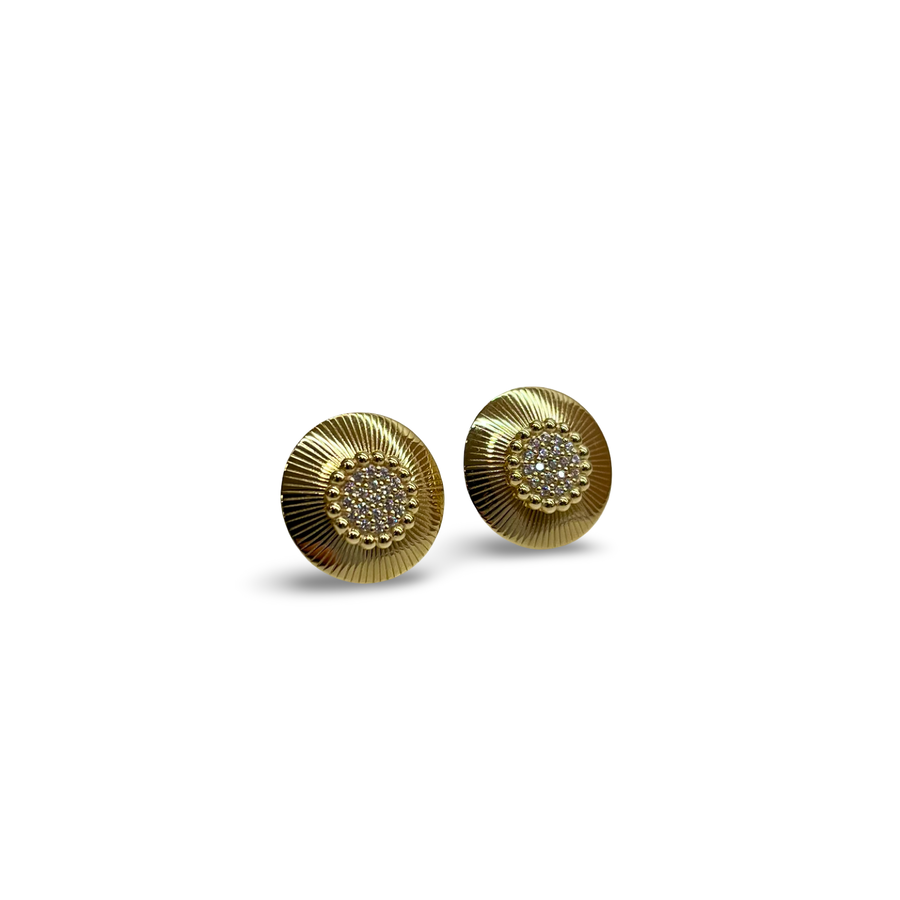 Rays and Pave 9ct Gold Round Stud Earrings