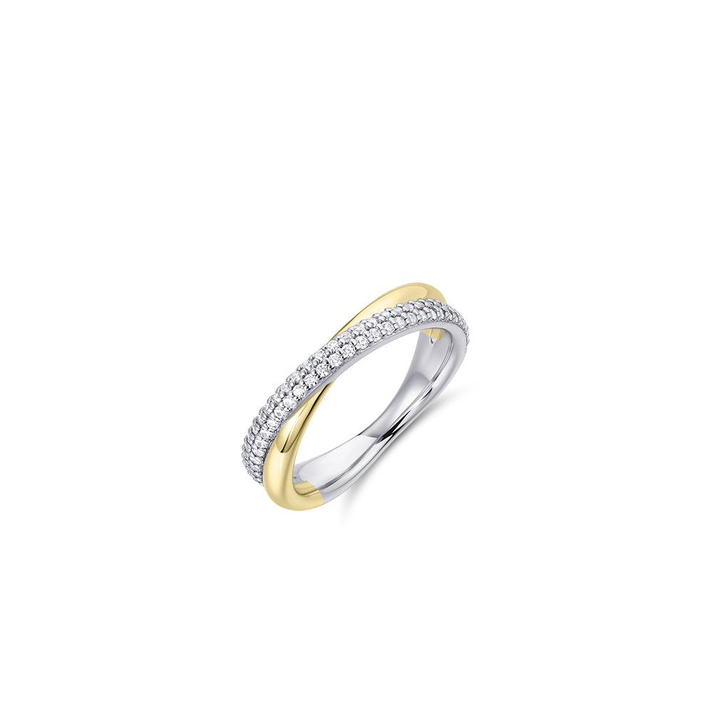 Crossing Mixed Metal Bands Sterling Silver Pave Ring. 925 Sterling Silver Ring and Yellow Gold Plated. Mixed Metal RIng. 