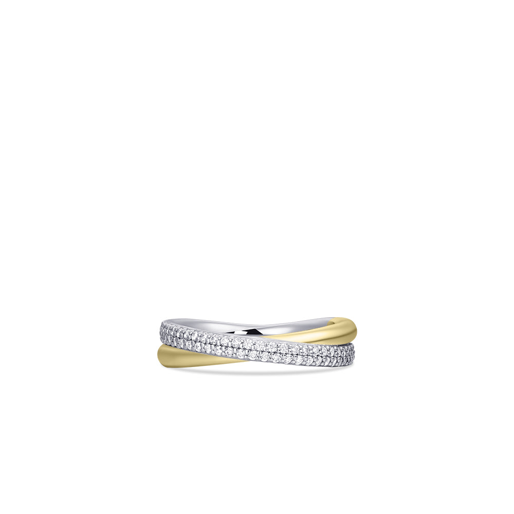 Crossing Mixed Metal Bands Sterling Silver Pave Ring. 925 Sterling Silver Ring and Yellow Gold Plated. Mixed Metal RIng.