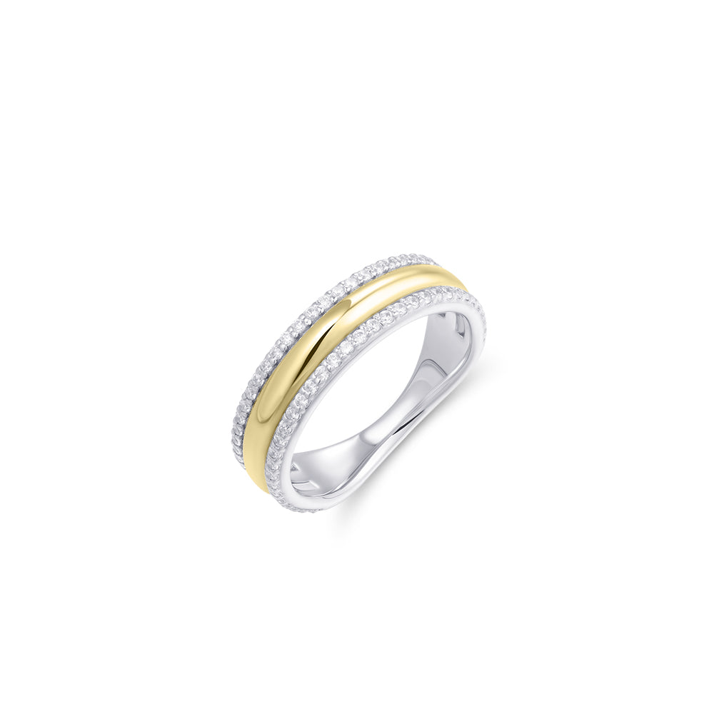 Shimmering Bold Band CZ Stone Ring. 925 Sterling Silver and 18ct Gold Plated