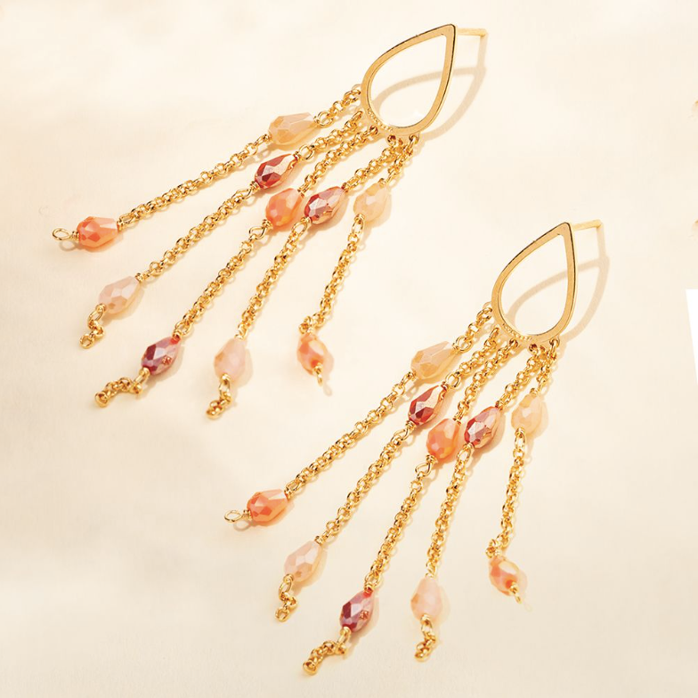 Tulipe Earrings with Pendant and Coloured Stones - Pink