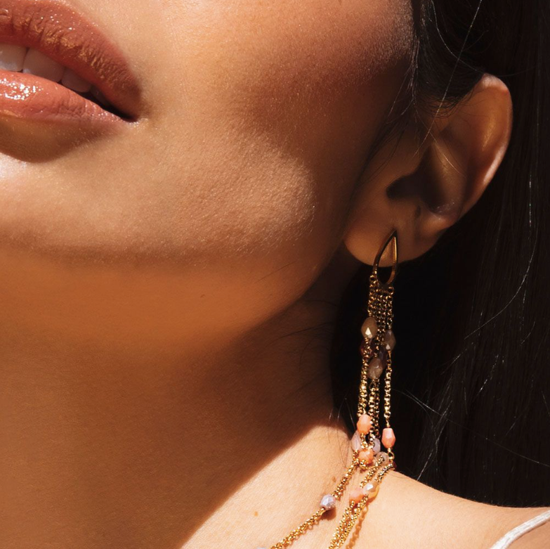 Tulipe Earrings with Pendant and Coloured Stones - Pink