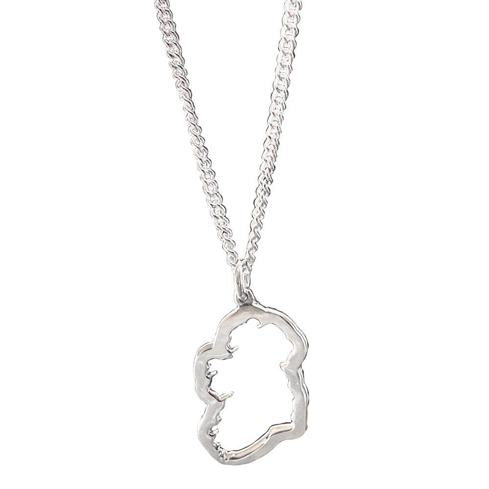 sterling silver map of ireland necklace on a thick chain against a white background