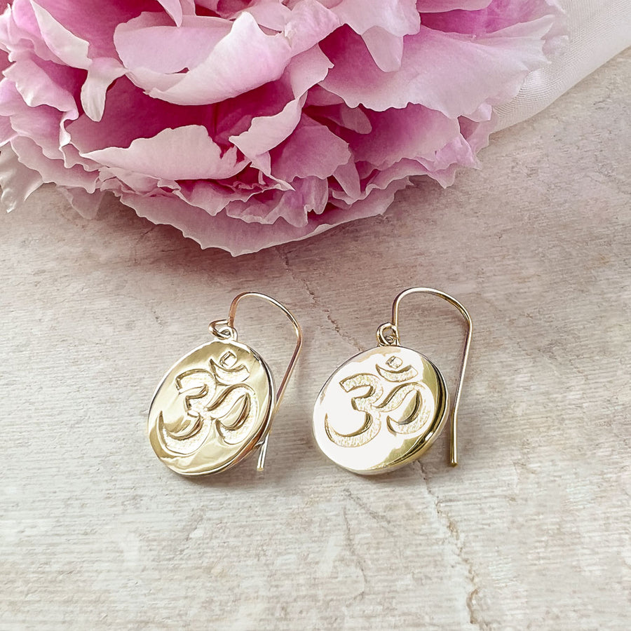 Om Symbol 9ct Solid Gold Drop Earrings (Symbolising Inner Peace)