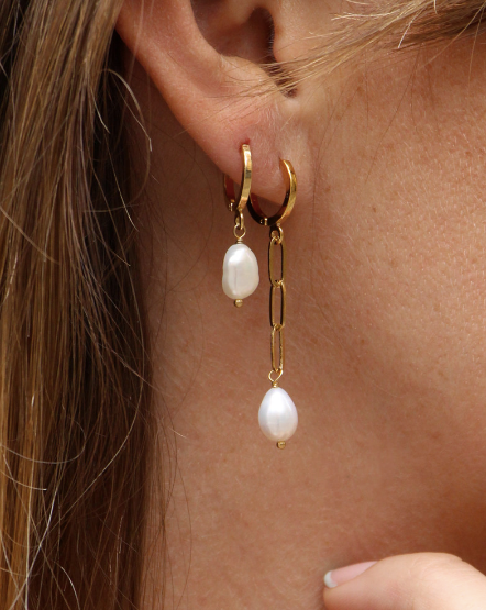 hoop pearl drop earrings. fresh water pearl 24k gold plated