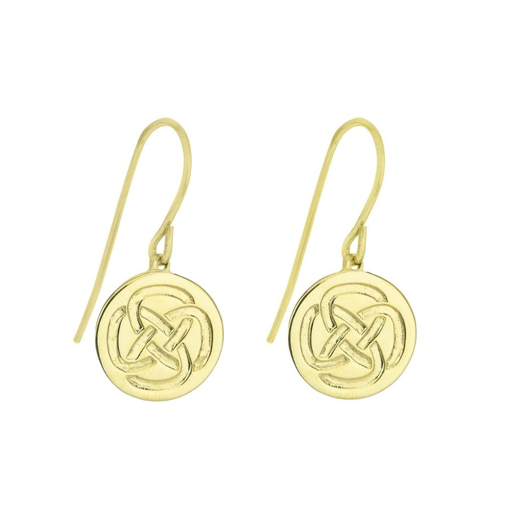 Dara knot symbolic gold plated drop earrings against a white background