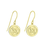 Dara knot symbolic gold plated drop earrings against a white background
